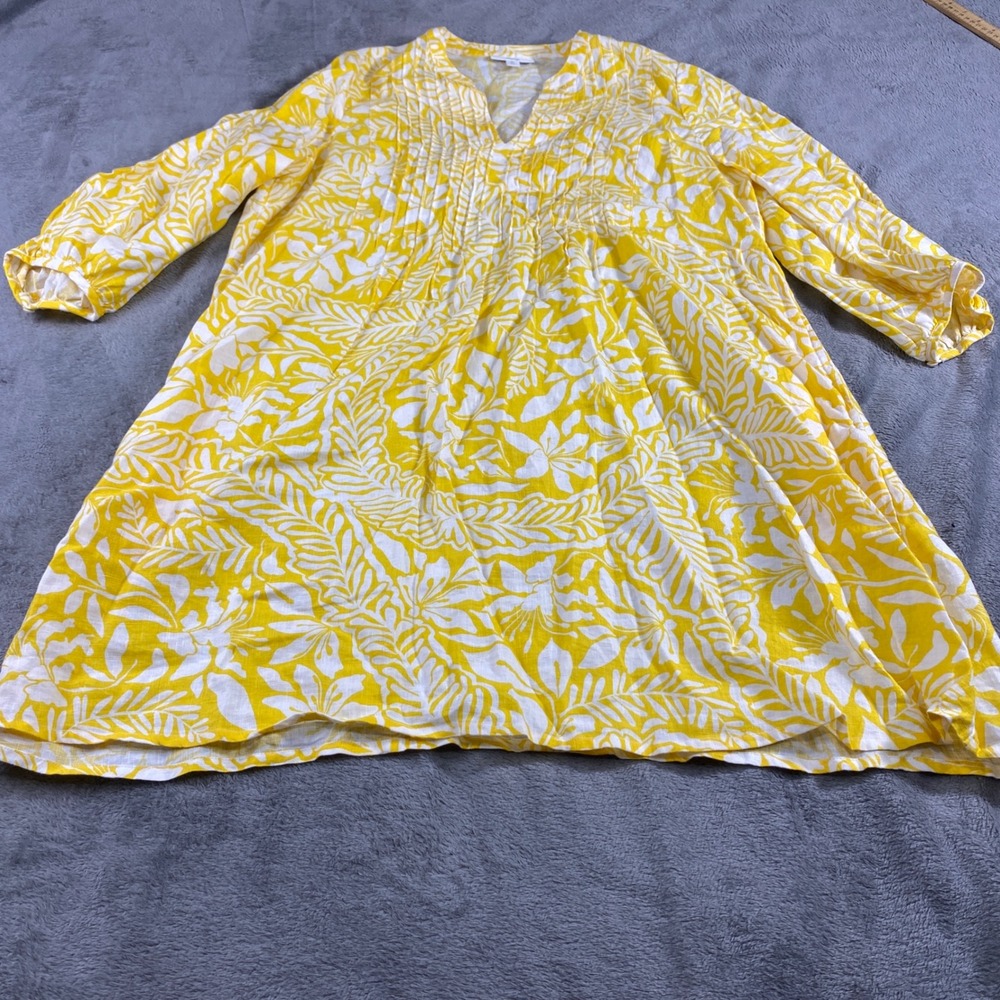 Charter Club 10% Linen Tunic Dress Womens L Yellow White Tropical Floral Pintuck